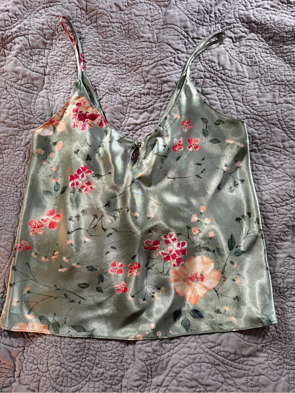 Satin Floral Cami Tank Top in Sage Green